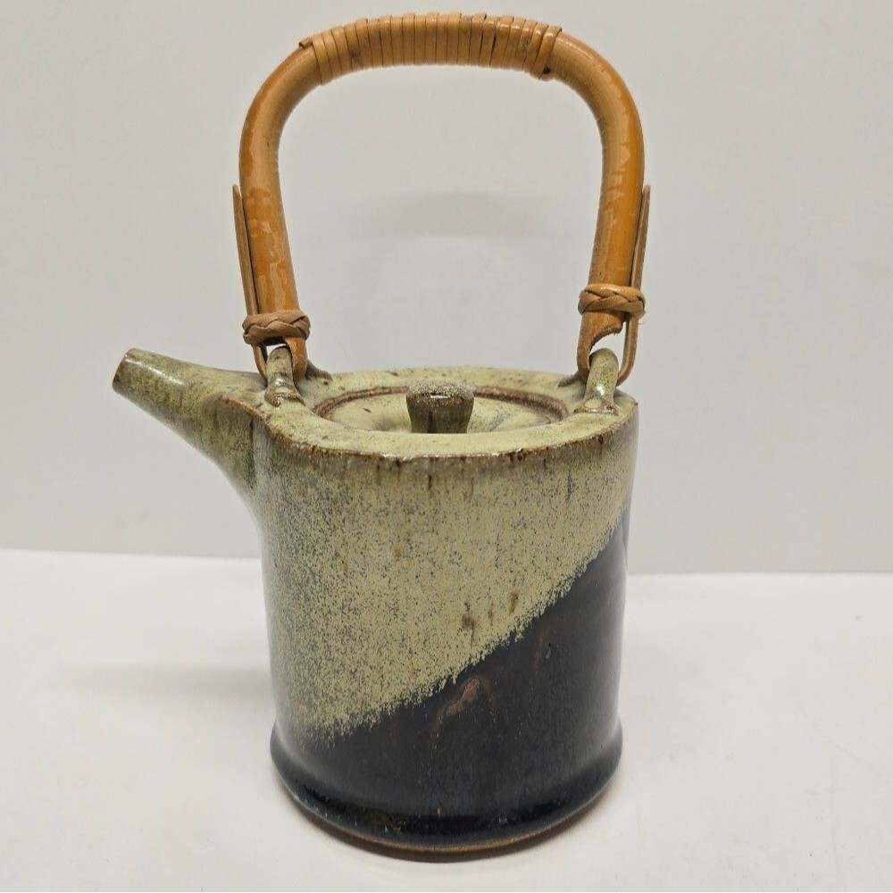 Vintage 80s Art Pottery Tea Pot Teapot Bamboo Wooden Handle Signed